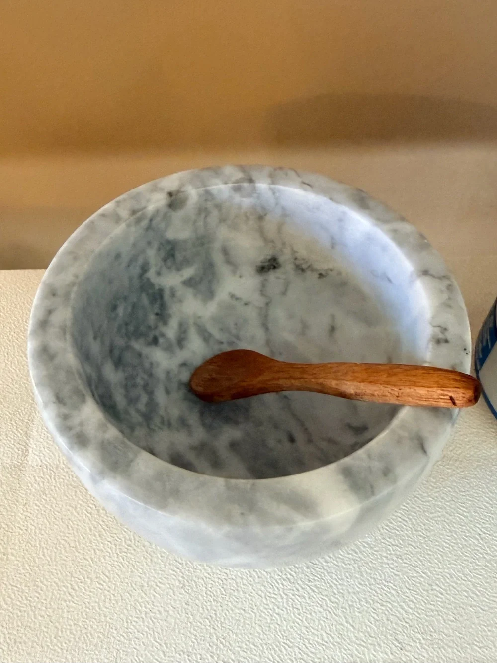 White Marble Salt Cellar with Wooden Lid & Spoon NWOT